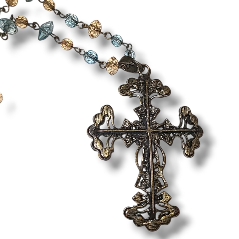 Vintage 90s Blue Amber Rhinestone Cross Pendant Necklace Beaded Chain Gothic - Picture 3 of 4